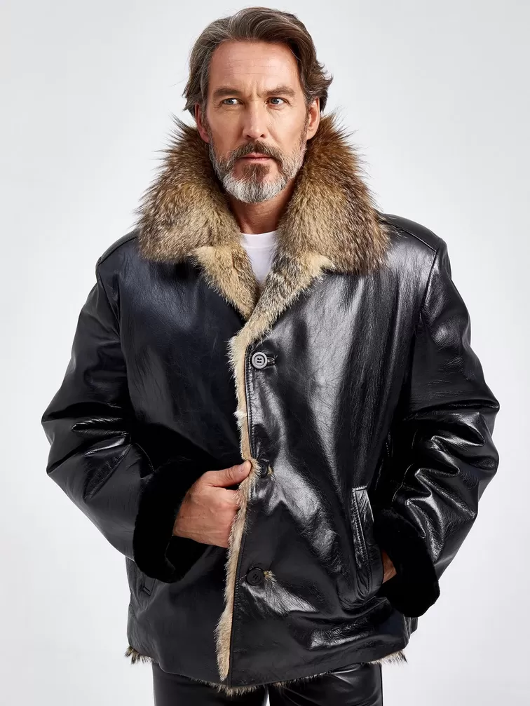 Кожаная куртка зимняя мужская Antonio, на подкладке из меха лисицы, черная, p. 56, арт. 40820-6