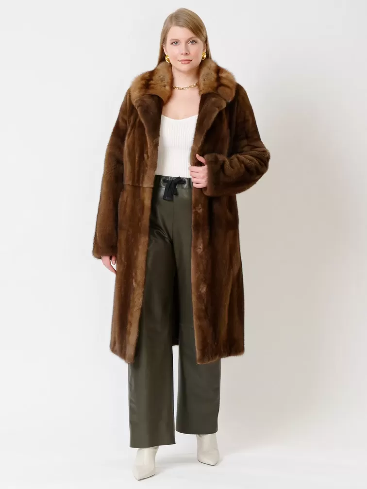 Зимний комплект женский: Пальто из меха норки 17417ав + Брюки 06, коричневый/оливковый, р. 48, арт. 111336-0