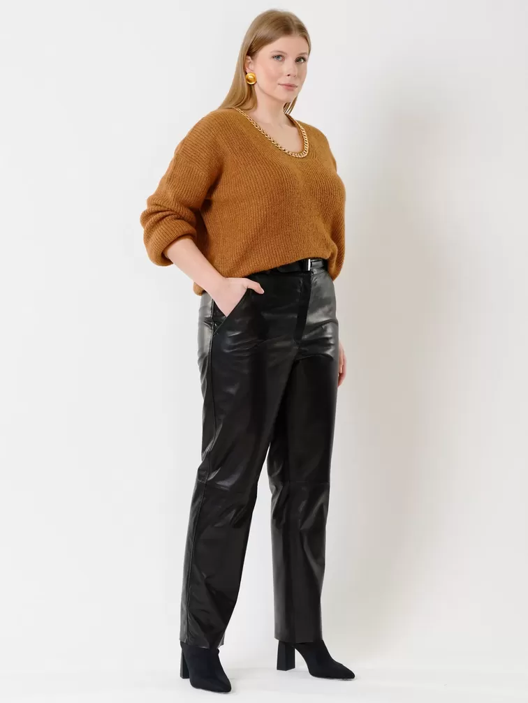 Кожаные прямые брюки женские 04, из натуральной кожи, черные, р. 60, арт.  85390-3