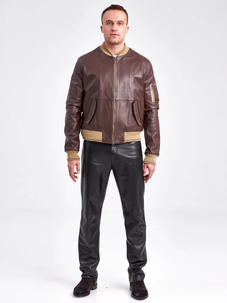 Кожаная куртка бомбер мужская 1119, коричневая, размер52, артикул 29510-5