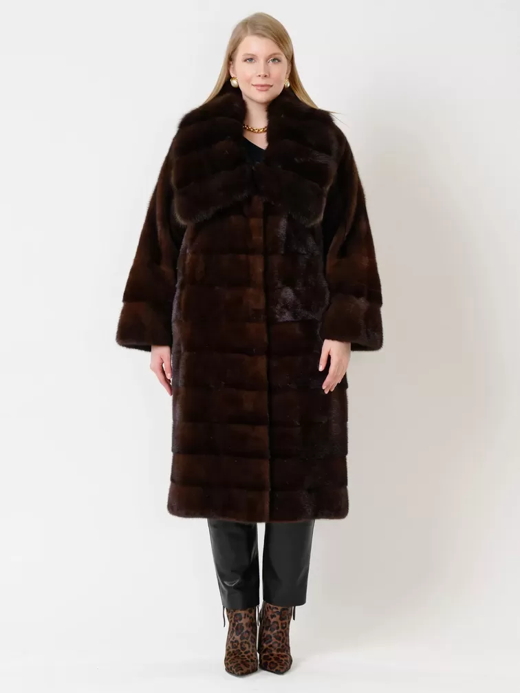 Пальто из меха норки с соболем женское 1150в, длинное, темно-коричневое, арт. 32790-4