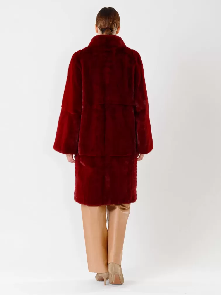 Пальто из меха норки женское 2826, с кожаным поясом, бордовое, р. 46, арт. 32690-4