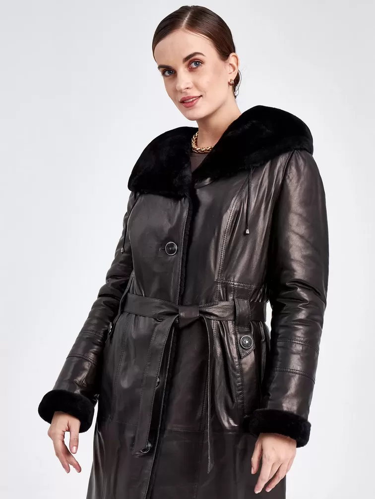 Кожаное пальто зимнее женское 392мех, с капюшоном, с поясом, черное, р. 48, арт. 91850-0
