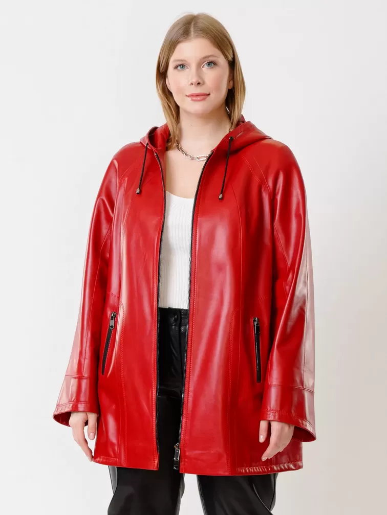 Кожаная куртка женская 383, с капюшоном, красная, р. 50, арт. 91311-0