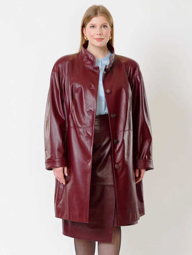 Кожаное пальто женское 378, бордовое, размер 56, артикул 91240-0