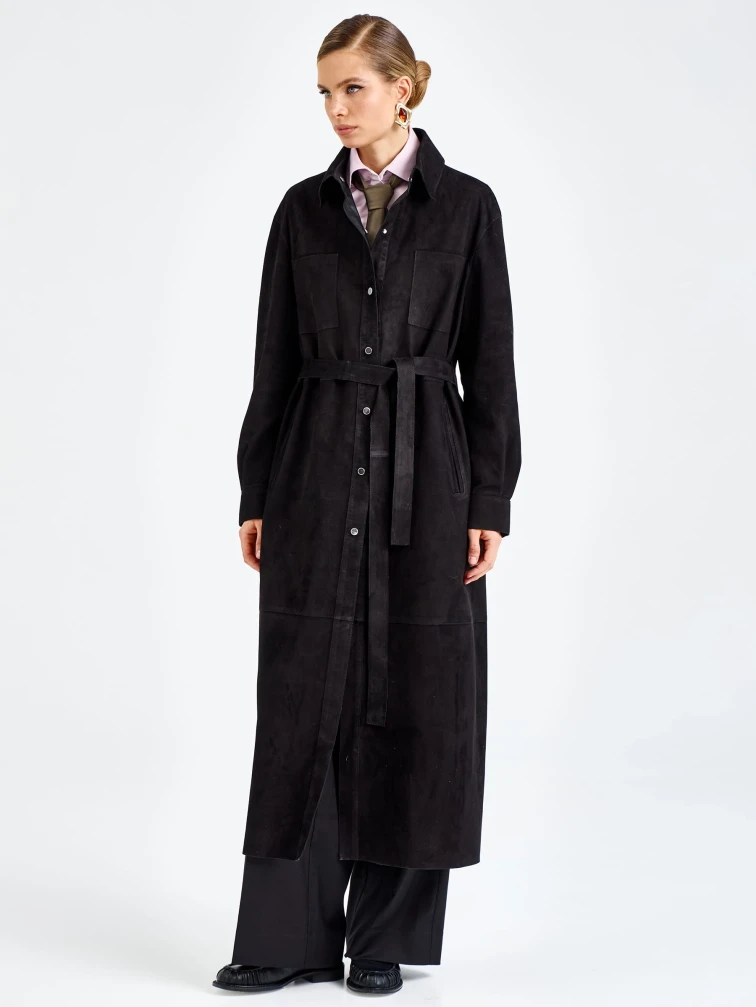 Черный женский замшевый плащ премиум класса 3112з, размер 46, артикул 92380-6