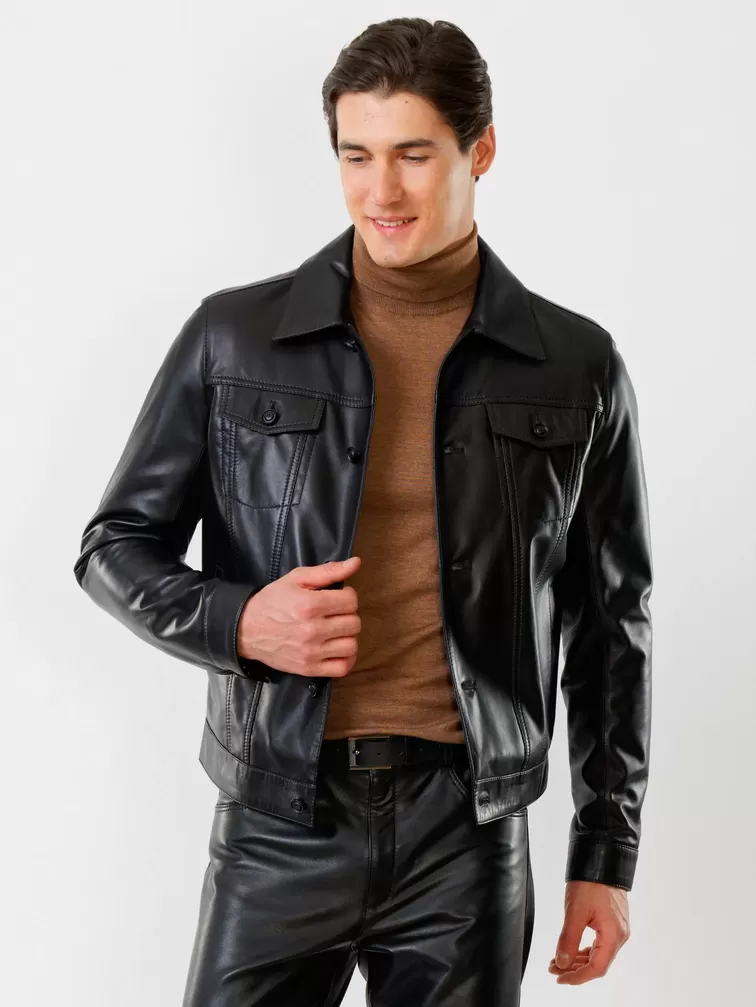 Кожаная куртка мужская 550, на пуговицах, черная, р. 48, арт.  28750-2