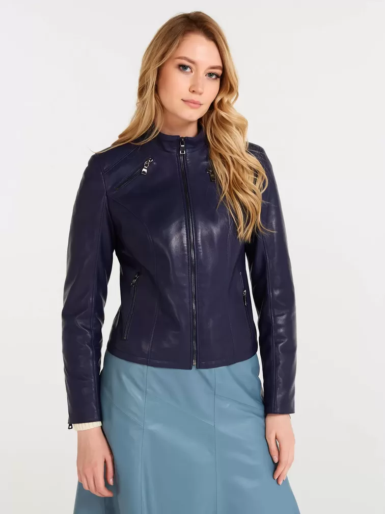 Кожаный комплект: Куртка женская 3004 + Юбка женская 04, синий/голубой, размер 44, арт. 111215-2
