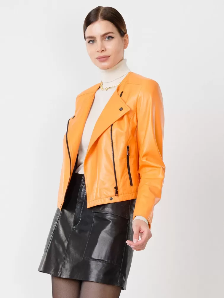 Кожаный комплект женский: Куртка 389 + Мини-юбка 03, оранжевый/черный, р. 42, арт. 111114-5