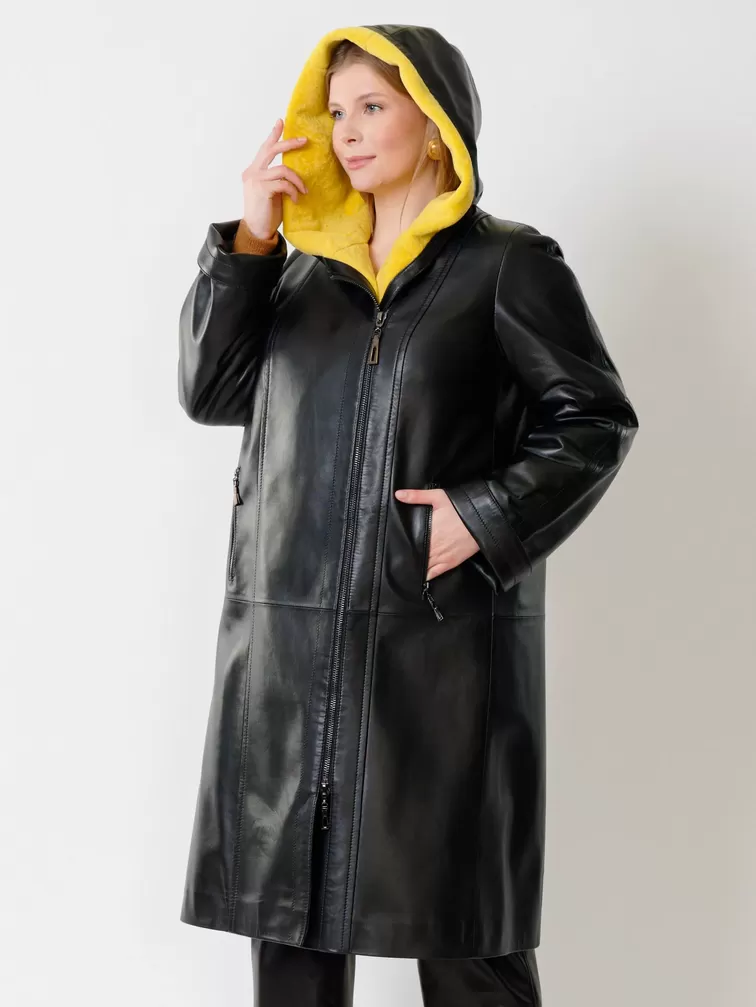 Кожаный утепленный плащ женский 3011, с капюшоном, черный, р. 50, арт. 91490-5
