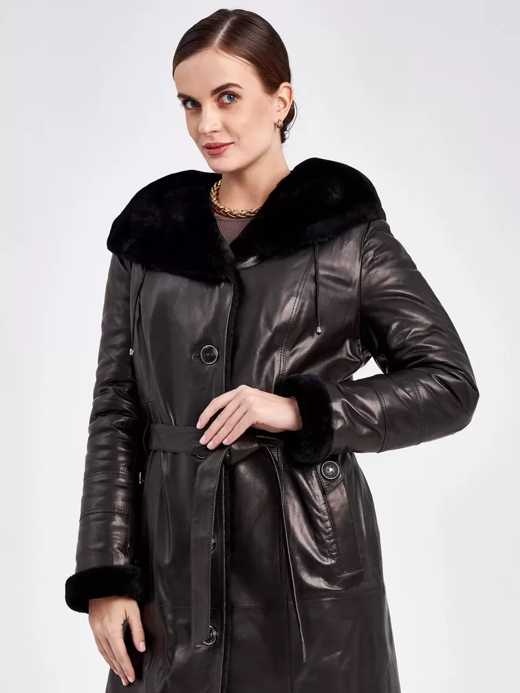 Кожаное пальто зимнее женское 392мех, с капюшоном, с поясом, черное, р. 48, арт. 91850-4