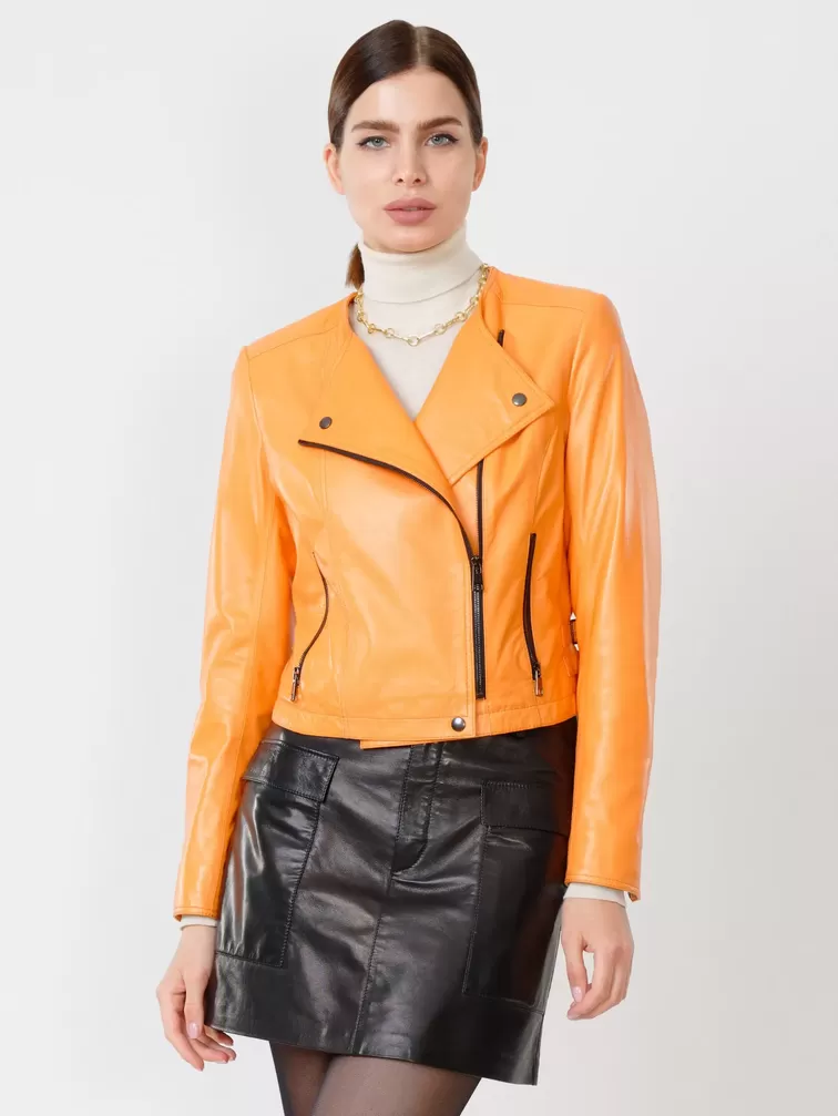 Кожаный комплект: Куртка женская 389 + Мини-юбка 03, оранжевый/черный, р. 42, арт. 111114-4