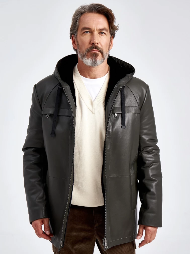 Кожаная куртка премиум класса мужская 552ш, с капюшоном, хаки, размер 48, артикул 29590-3
