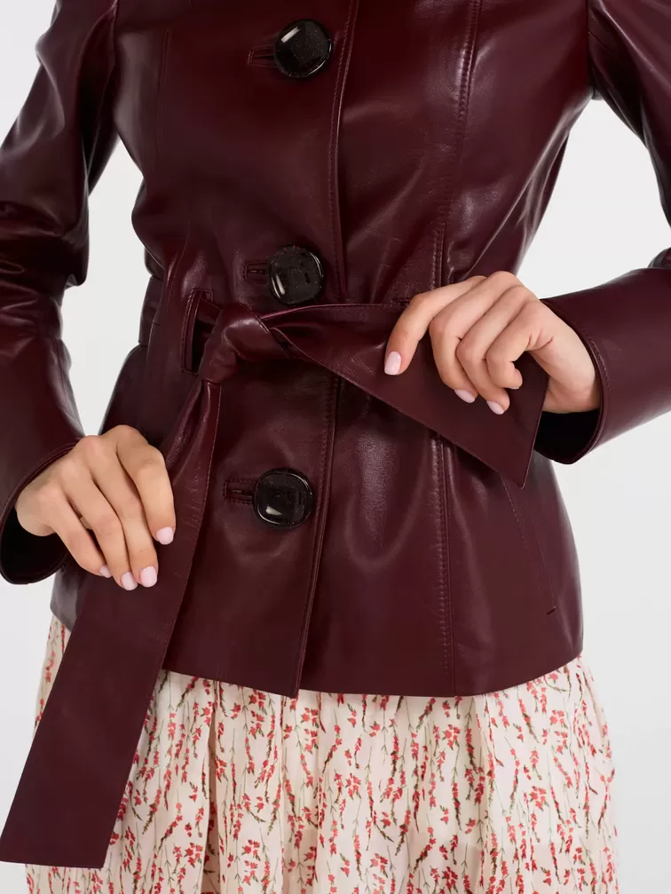 Кожаная куртка женская 334, с поясом, бордовая, р. 42, арт. 90521-2