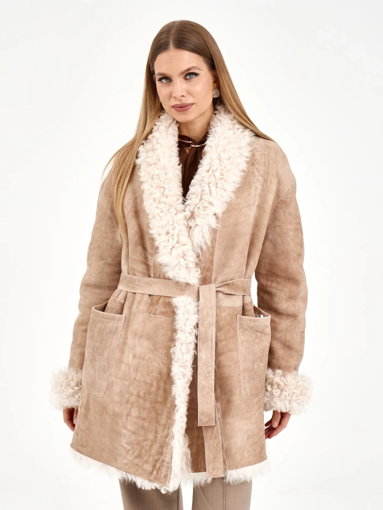 Короткая женская дубленка из тиградо 2078, бежевая, размер 44, артикул 65270-2