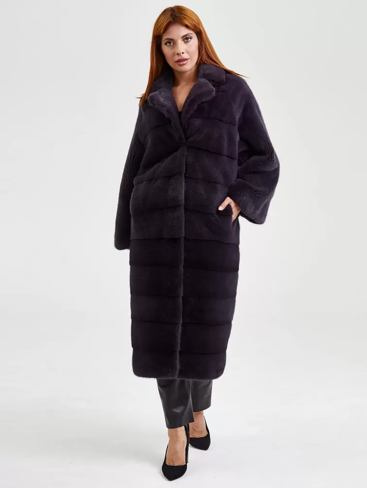 Демисезонный комплект: Пальто из меха норки 18А182АВ + Брюки женские 03, баклажановый/черный, р. 48, арт. 111237-5