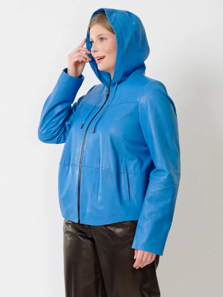 Кожаная куртка женская 308рc, с капюшоном, голубая, р. 50, арт. 91221-6