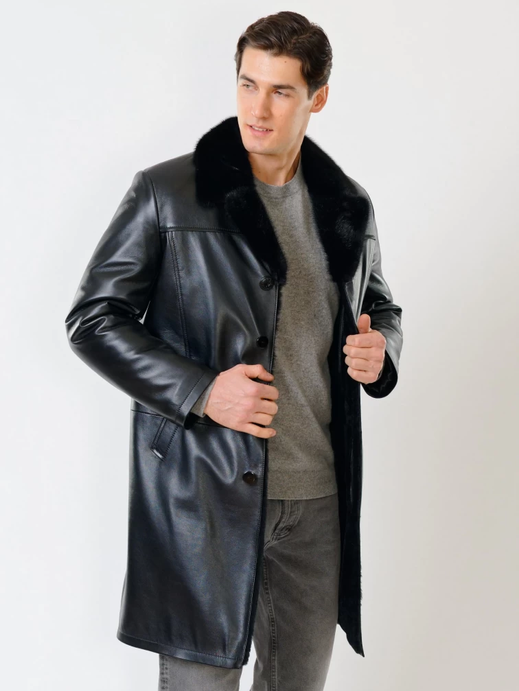 Мужское зимнее кожаное пальто с норковым воротником премиум класса 533мех, черное, размер 50, артикул 71060-0