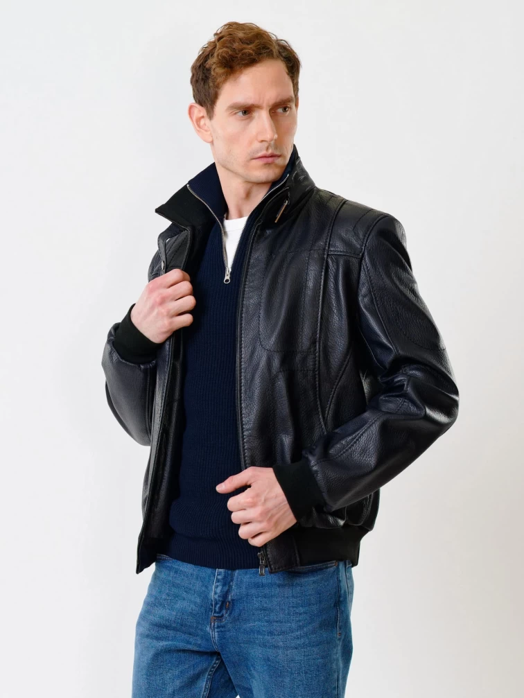 Кожаная куртка бомбер мужская 521, синяя, размер 48, артикул 28560-4