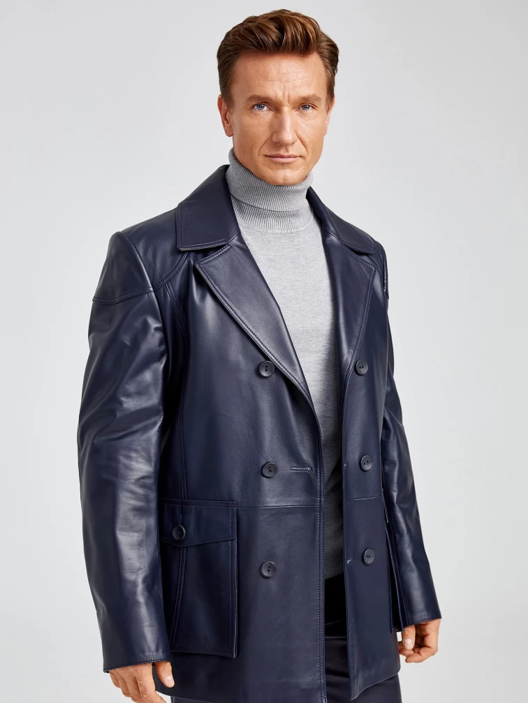 Двубортная мужская кожаная куртка бушлат 549, синяя, размер 50, артикул 28881-1