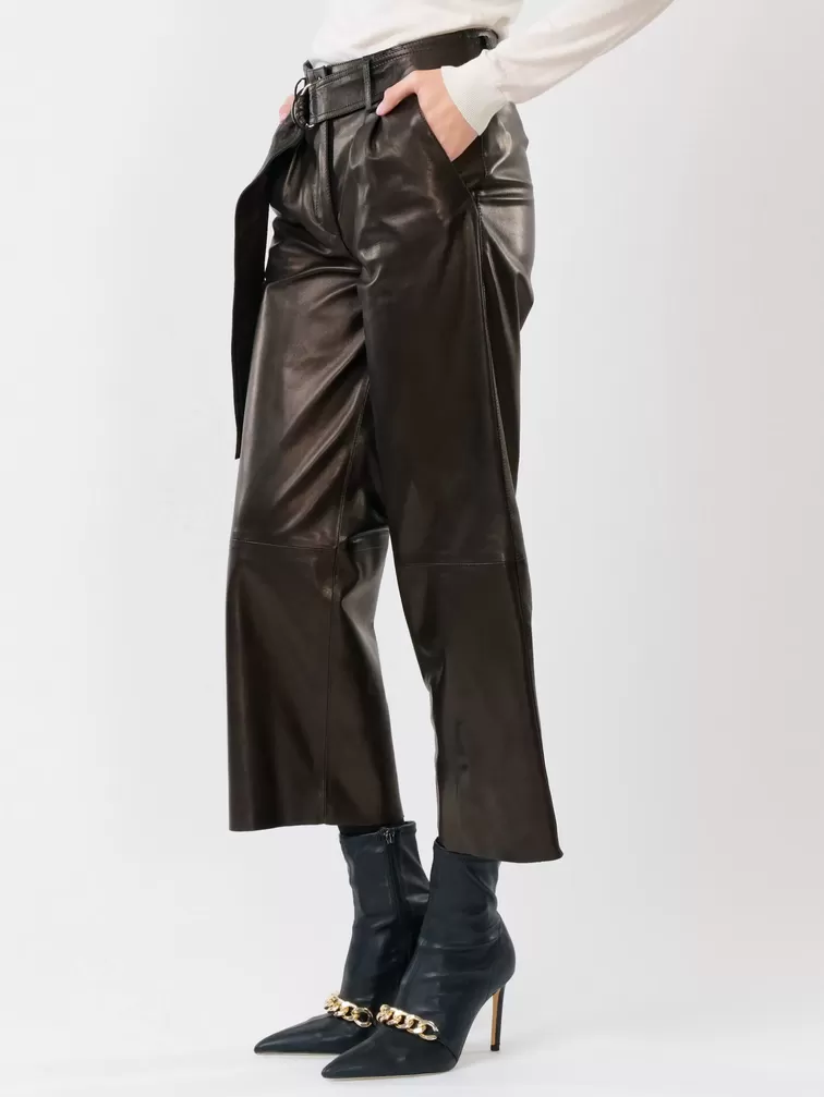 Кожаные укороченные брюки женские 05, из натуральной кожи, черные, р. 44, арт. 85251-4