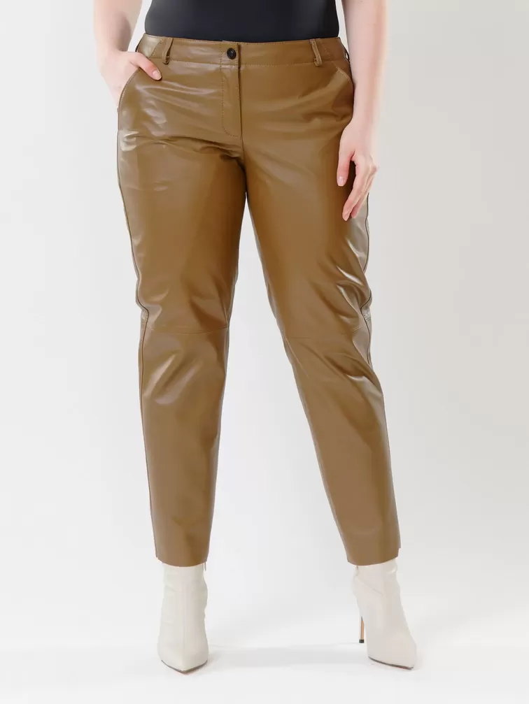Кожаные зауженные брюки женские 03, из натуральной кожи, серо-коричневые, р. 48, арт. 85521-3