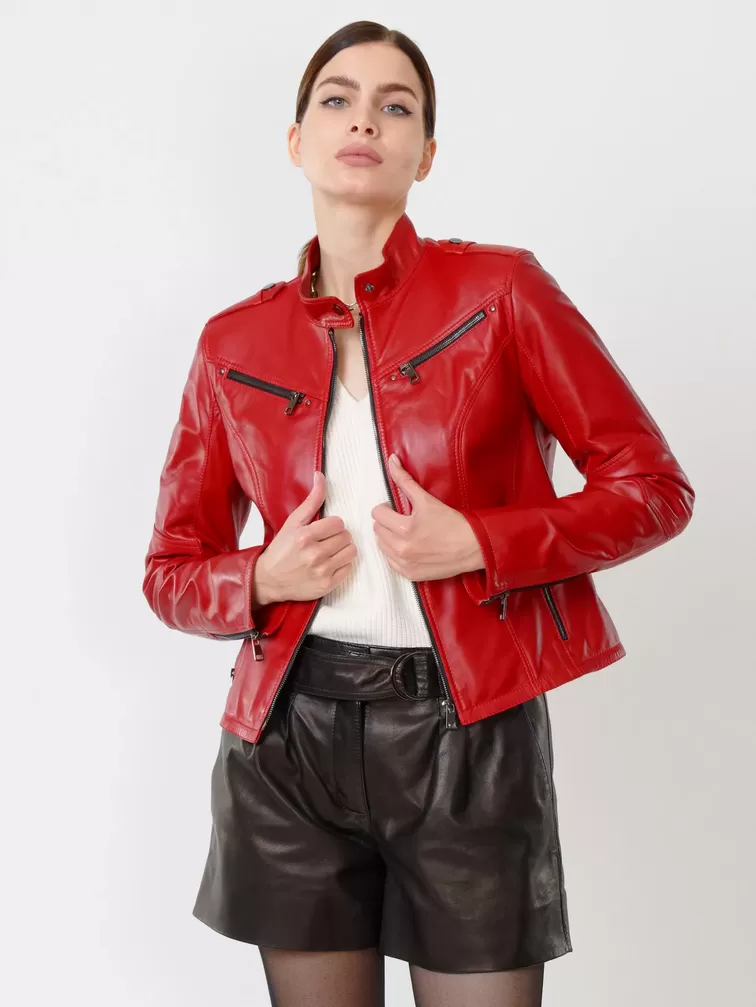 Кожаный комплект женский: Куртка 399 + Шорты 01, красный/черный, р. 44, арт. 111207-4