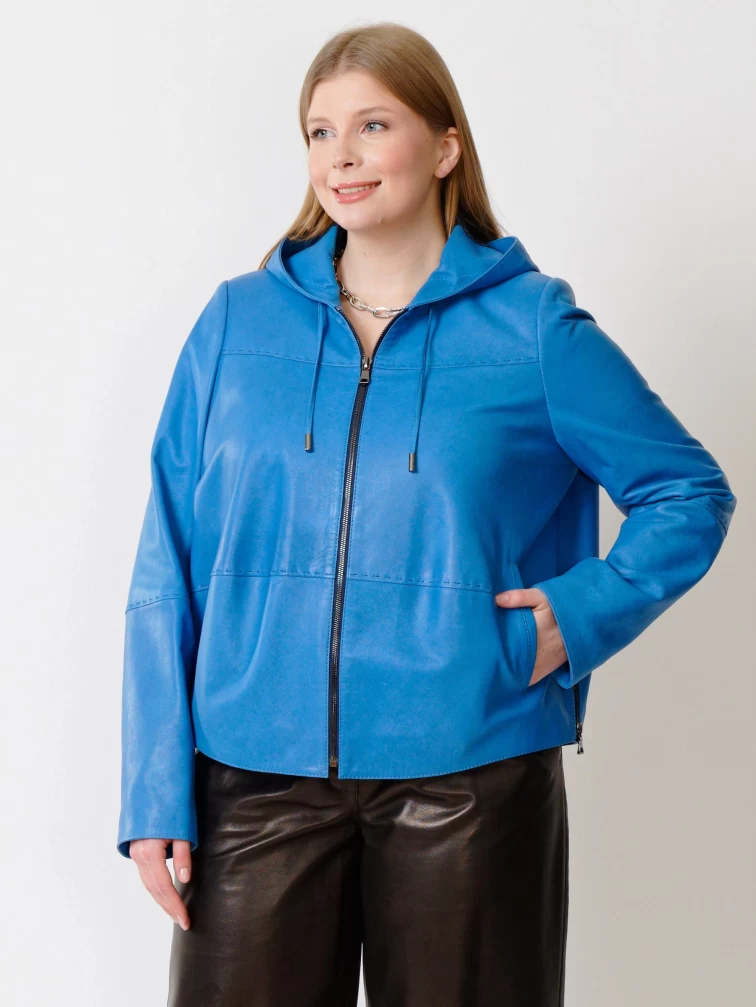 Женская кожаная куртка с капюшоном 308рс, голубая, размер 54, артикул 91221-1