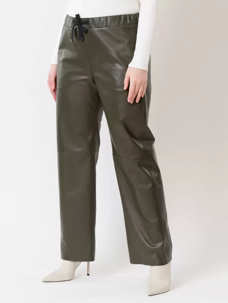 Кожаные широкие брюки женские 06, из натуральной кожи, оливковые, р. 48, арт. 85510-6
