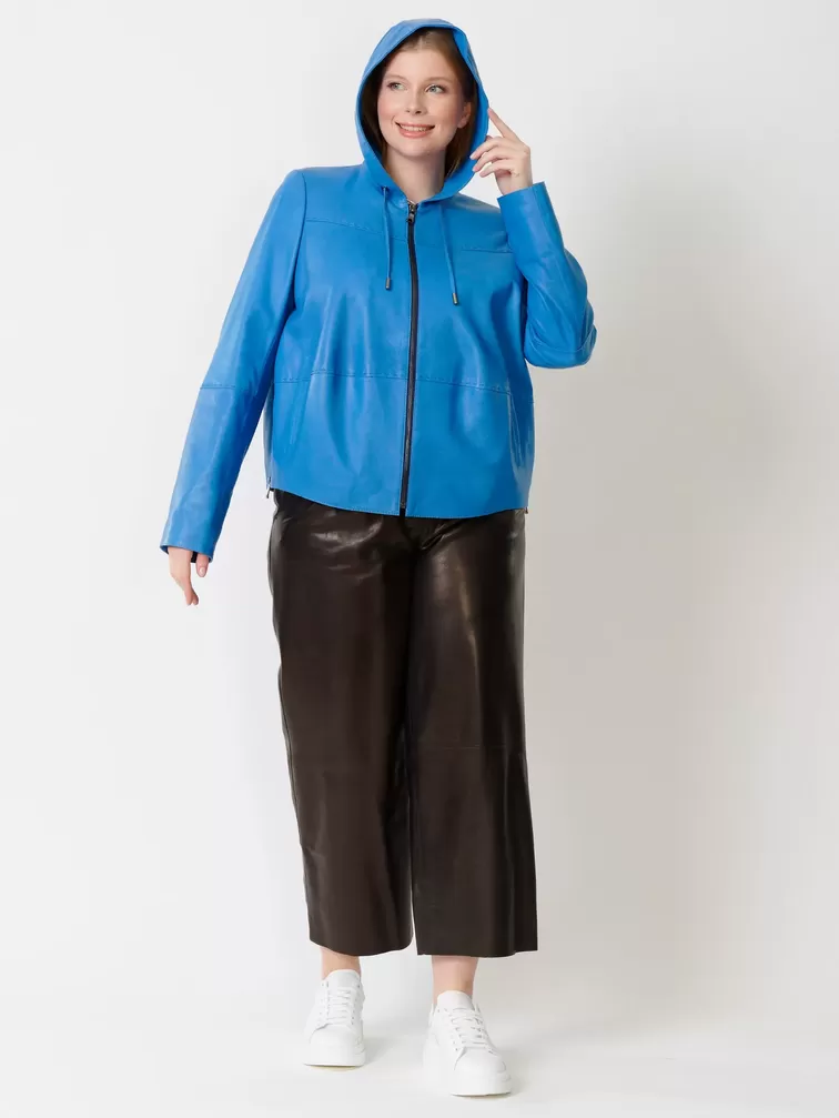 Кожаная куртка женская 308рc, с капюшоном, голубая, р. 50, арт. 91221-3