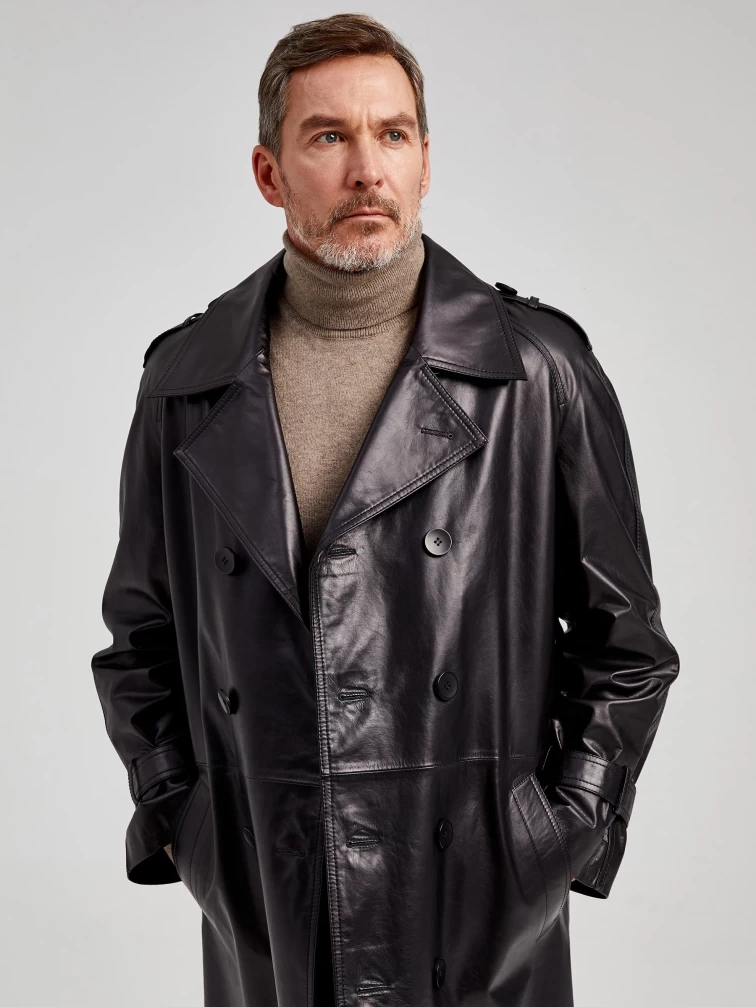 Мужской двубортный кожаный плащ премиум класса 553, черный, размер 50, артикул 40541-0