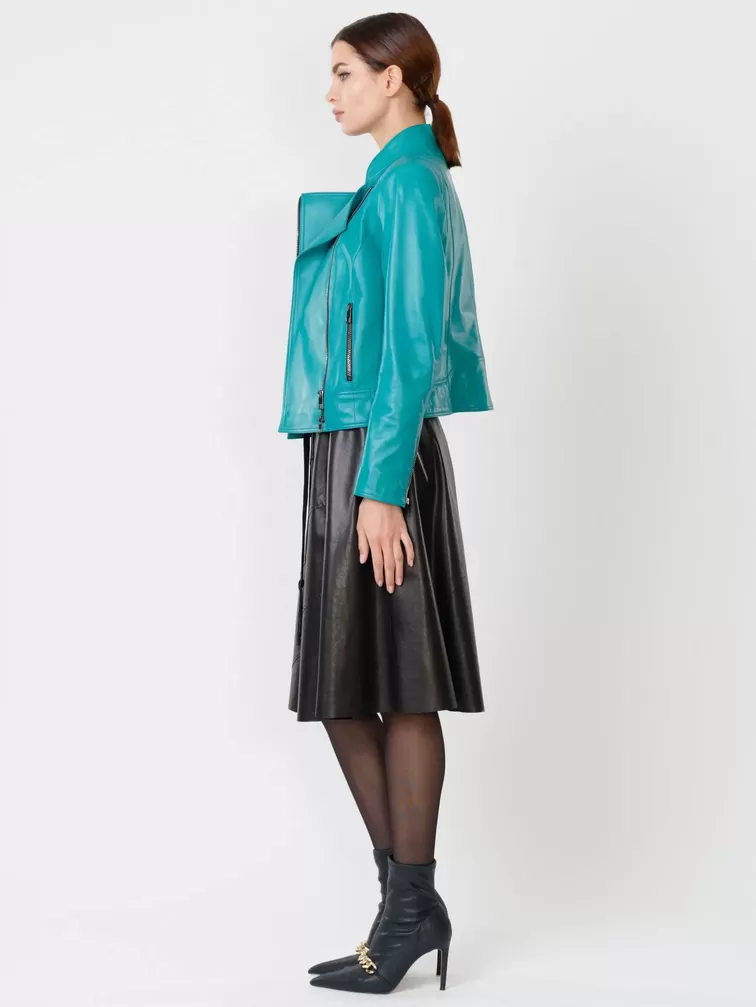 Кожаный комплект женский: Куртка 300 + Юбка 01рс, бирюзовый/черный, р. 44, арт. 111172-1