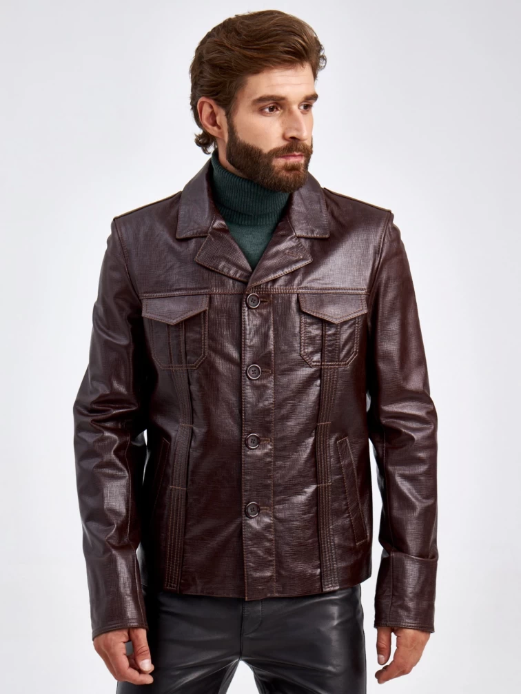 Короткий кожаный мужской пиджак 2010-7, коричневый, размер 48, артикул 29310-0