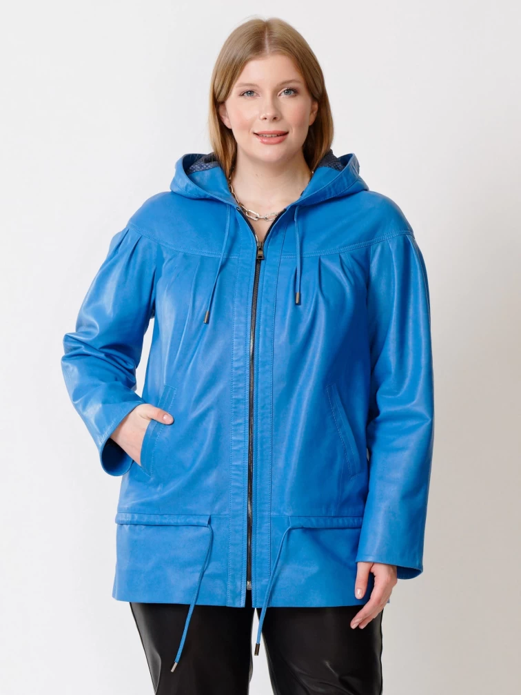 Кожаная женская куртка с капюшоном 303у, голубая, размер 54, артикул 91201-5
