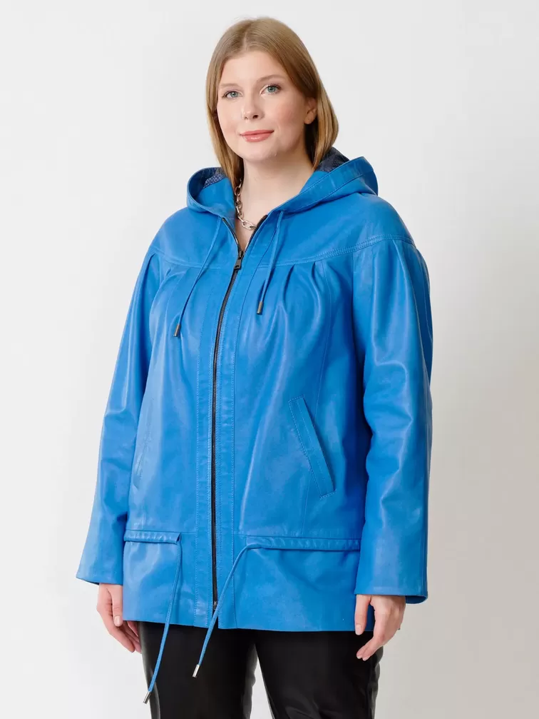 Кожаная куртка женская 303у , с капюшоном, голубая, р. 50, арт. 91201-1