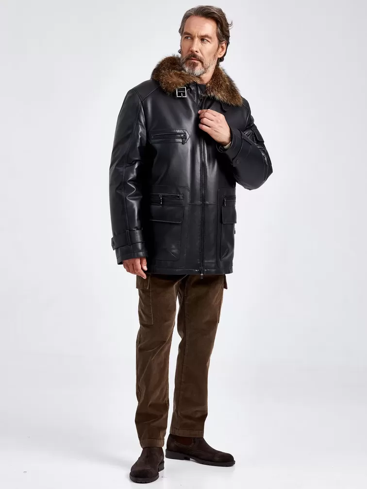 Кожаная куртка зимняя мужская 514мех, с воротником меха енота, черная, p. 54, арт. 40760-5