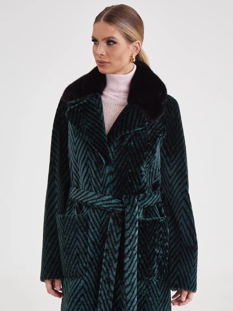 Двустороннее женское пальто с воротником из мехом норки премиум класса 2003, зеленое, размер 46, артикул 25480-0