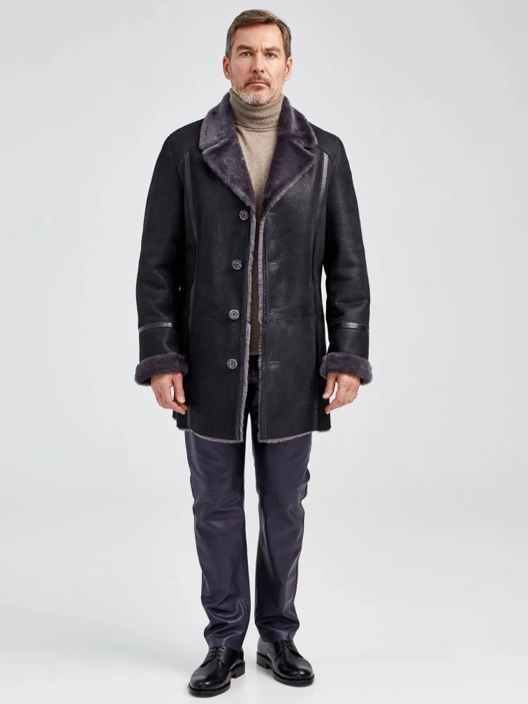 Зимний комплект мужской: Дубленка Леон + Брюки 01, черный/синий, размер 48, артикул 140350-0