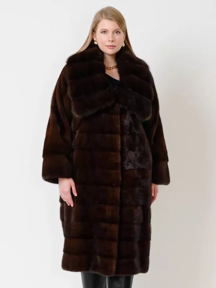 Пальто из меха норки с соболем женское 1150в, длинное, темно-коричневое, арт. 32790-0