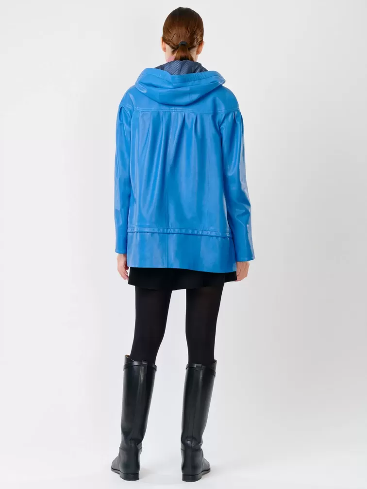 Кожаная куртка женская 303у, с капюшоном, голубая, р. 48, арт. 90690-4