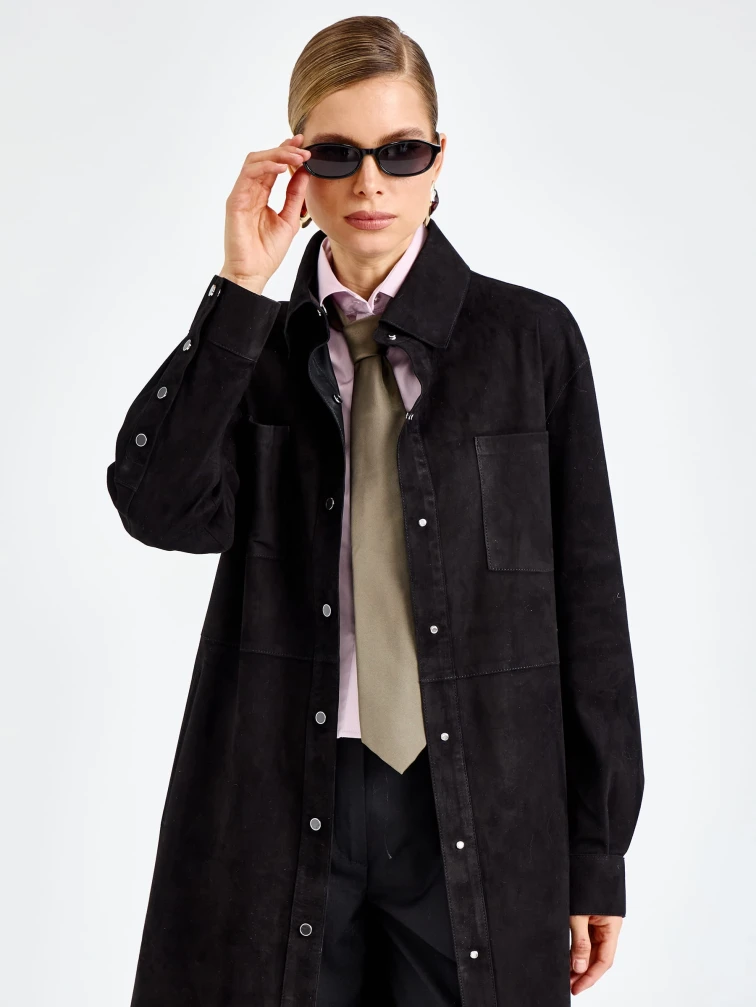 Черный женский замшевый плащ премиум класса 3112з, размер 46, артикул 92380-1