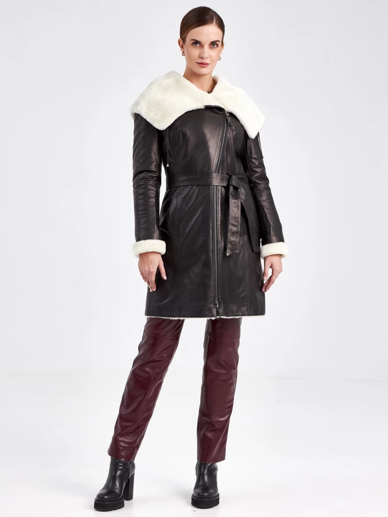 Кожаное пальто зимнее женское 390мех, с капюшоном, черно-белое, р. 50, арт. 91810-1