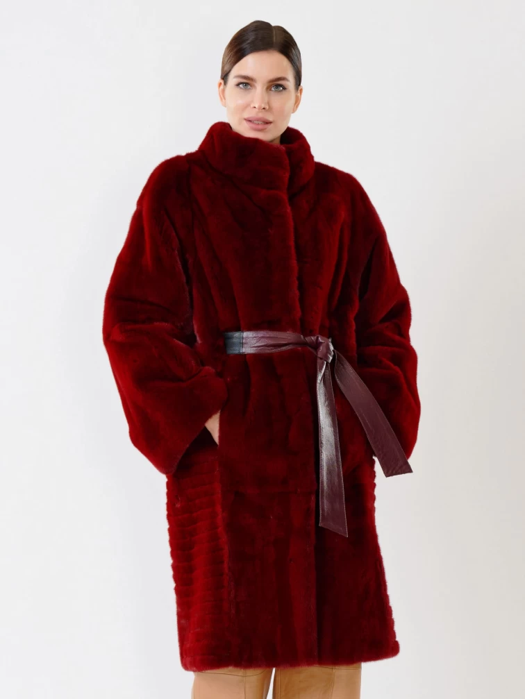 Пальто из меха норки женское 2826, с кожаным поясом, бордовое, р. 46, арт. 32690-6