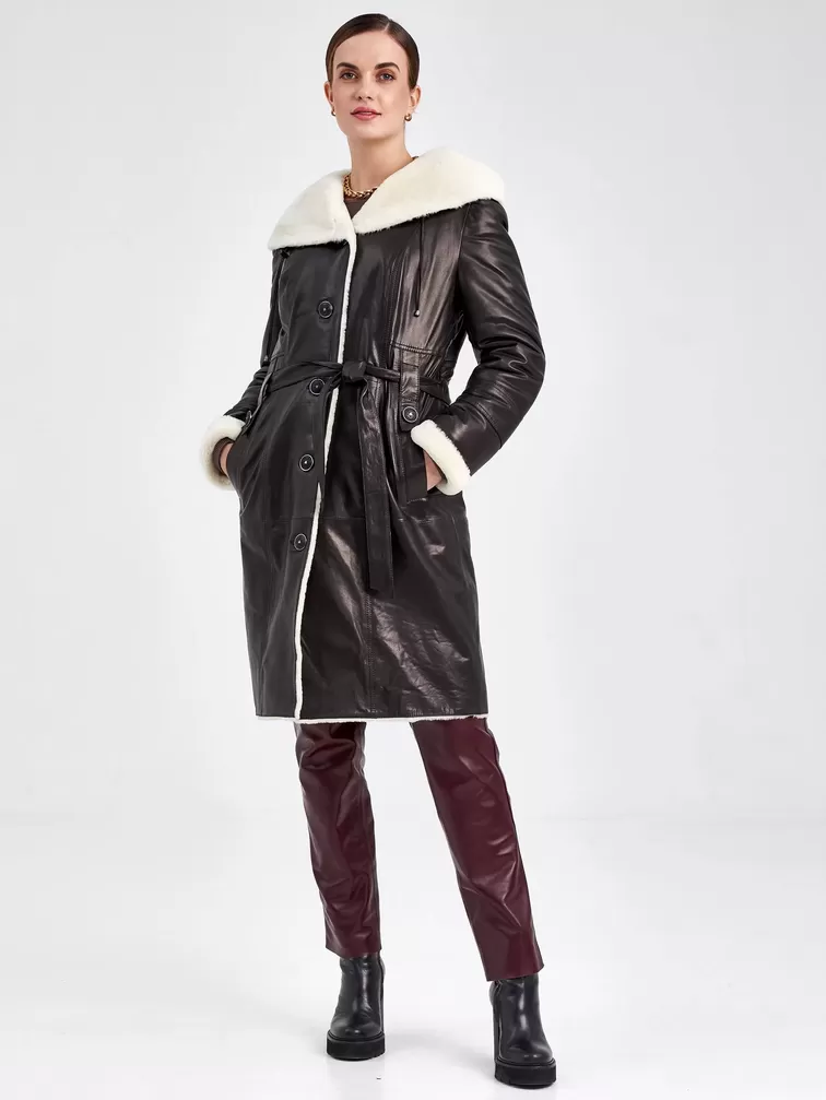 Кожаное пальто зимнее женское 392мех, с капюшоном, с поясом, черно-белое, р. 48, арт. 91840-5