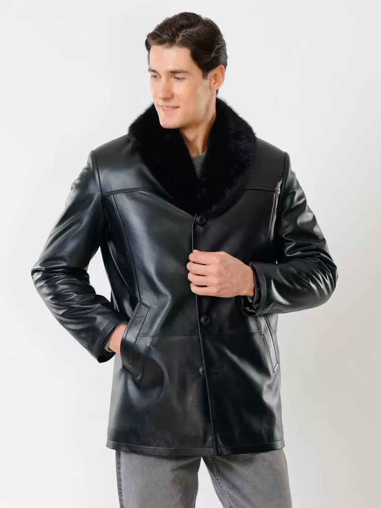 Кожаная куртка зимняя премиум класса мужская 534мех, с мехом норки, черная, р. 46, арт. 40280-5