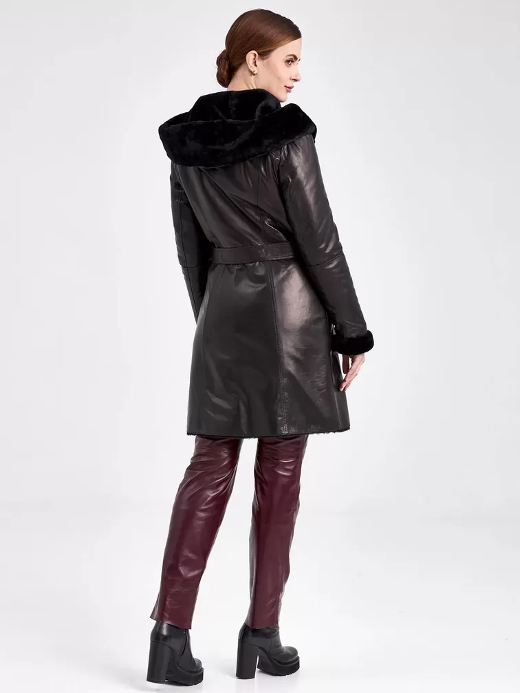 Кожаное пальто зимнее женское 390мех, с капюшоном, черное, р. 50, арт. 91800-2