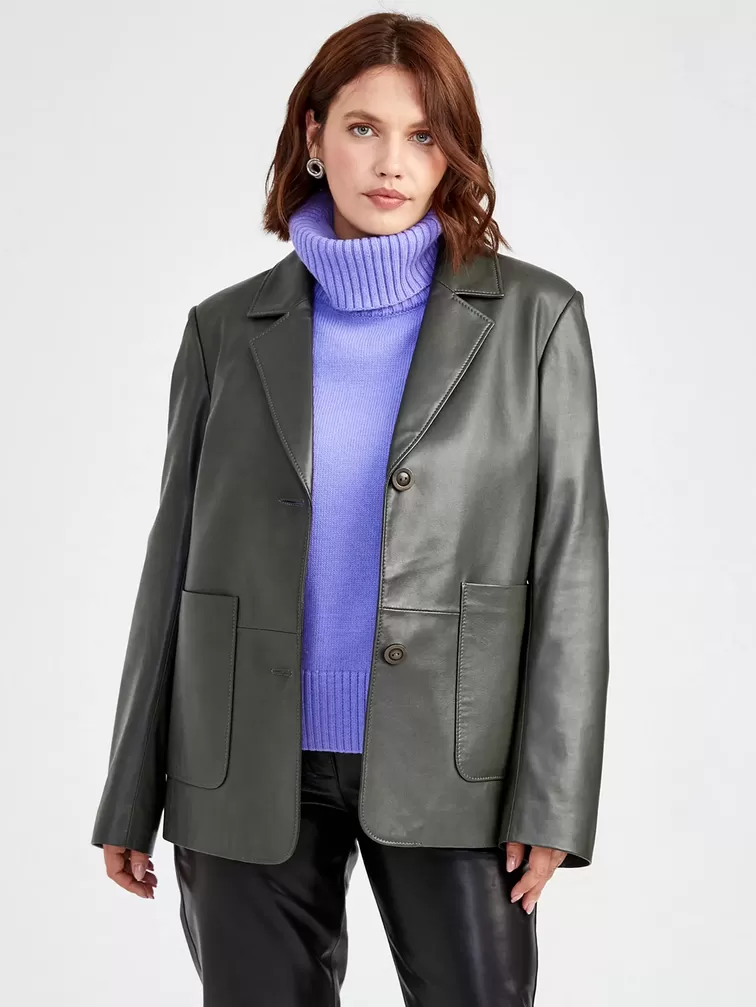 Кожаный пиджак женский 3016, оливковый, р. 46, арт. 91581-2
