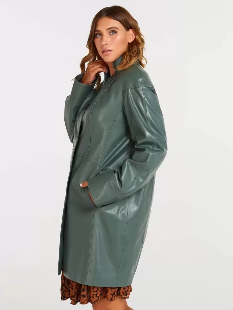 Кожаное пальто женское 378, оливковое, р. 48, арт. 60561-1