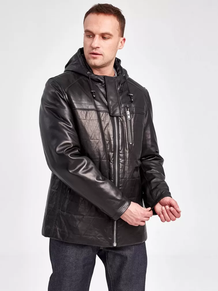Кожаная куртка мужская 5488, с капюшоном, черная, р. 52 , арт. 41020-0