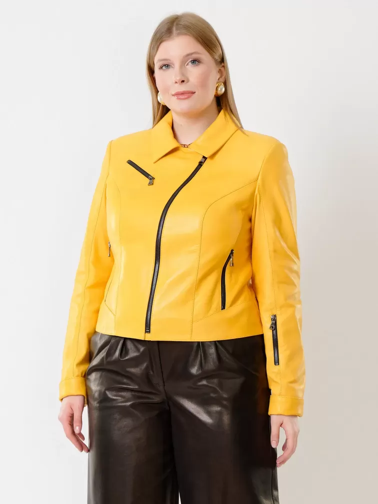 Кожаный комплект: Куртка женская 3005 + Брюки женские 05, желтый/черный, р. 44, арт. 111119-2